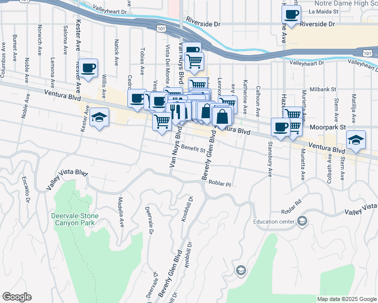 map of restaurants, bars, coffee shops, grocery stores, and more near 14435 Benefit Street in Los Angeles