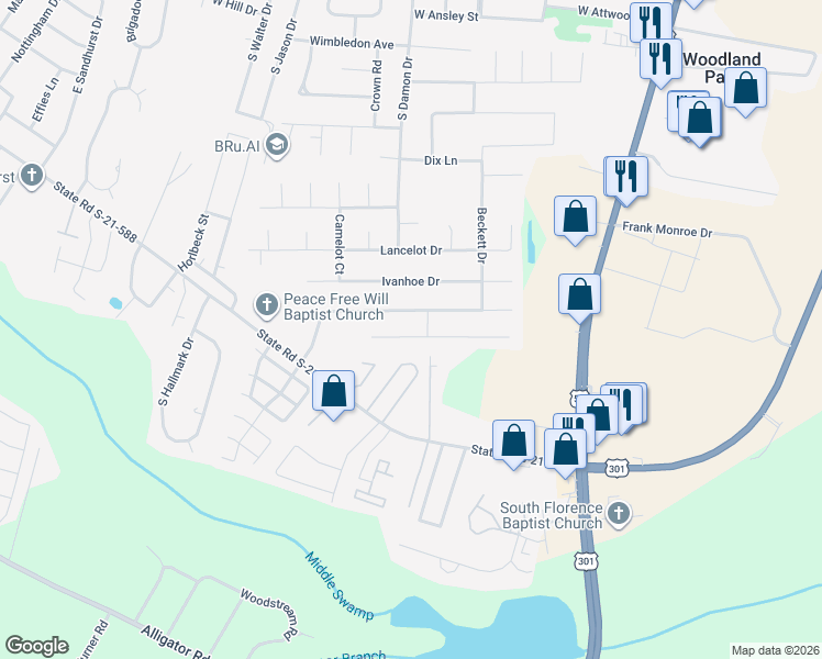 map of restaurants, bars, coffee shops, grocery stores, and more near 812 Chaucer Drive in Florence