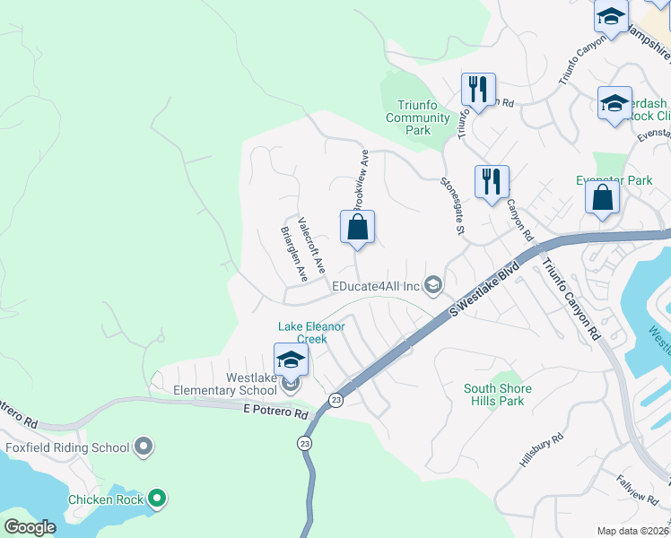 map of restaurants, bars, coffee shops, grocery stores, and more near 1642 Bucksglen Court in Westlake Village