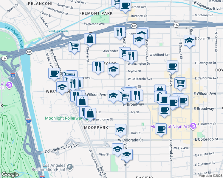 map of restaurants, bars, coffee shops, grocery stores, and more near 544 Salem Street in Glendale