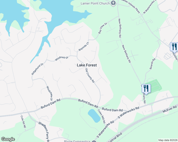 map of restaurants, bars, coffee shops, grocery stores, and more near 5802 Waterfall Way in Buford