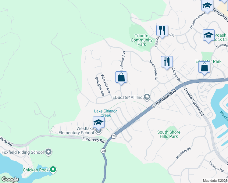 map of restaurants, bars, coffee shops, grocery stores, and more near 1642 Bucksglen Court in Westlake Village