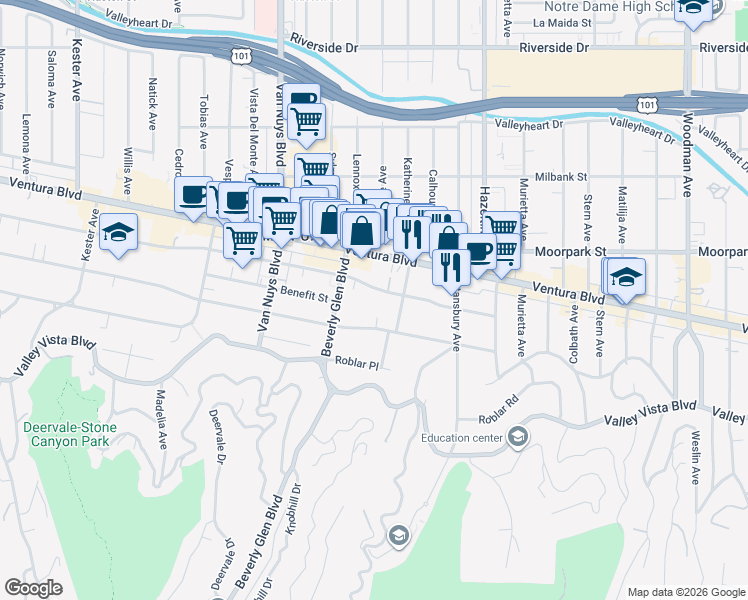 map of restaurants, bars, coffee shops, grocery stores, and more near 14290 Dickens Street in Los Angeles