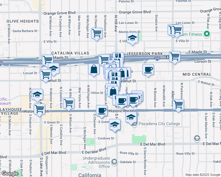 map of restaurants, bars, coffee shops, grocery stores, and more near 1380 East Walnut Street in Pasadena