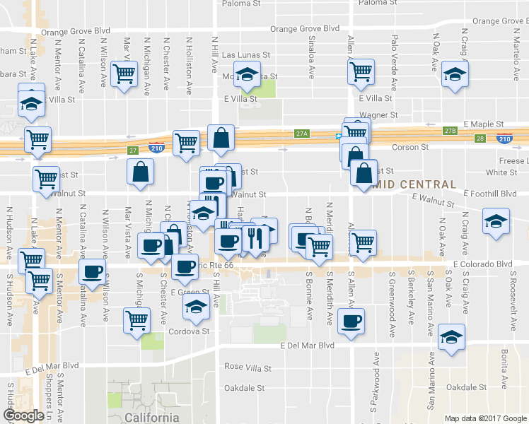 map of restaurants, bars, coffee shops, grocery stores, and more near 146 Marion Avenue in Pasadena