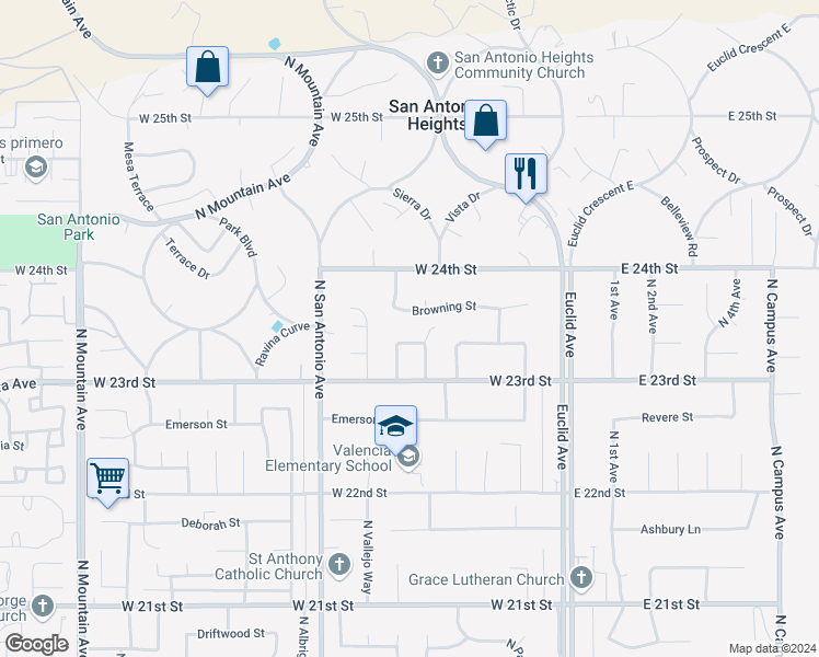 map of restaurants, bars, coffee shops, grocery stores, and more near 2349 West Orange Drive North in Upland