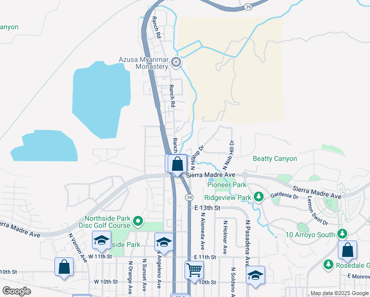 map of restaurants, bars, coffee shops, grocery stores, and more near 1469 North Hilltop Drive in Azusa