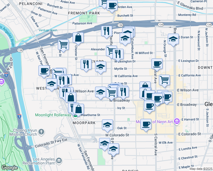 map of restaurants, bars, coffee shops, grocery stores, and more near 518 Salem Street in Glendale