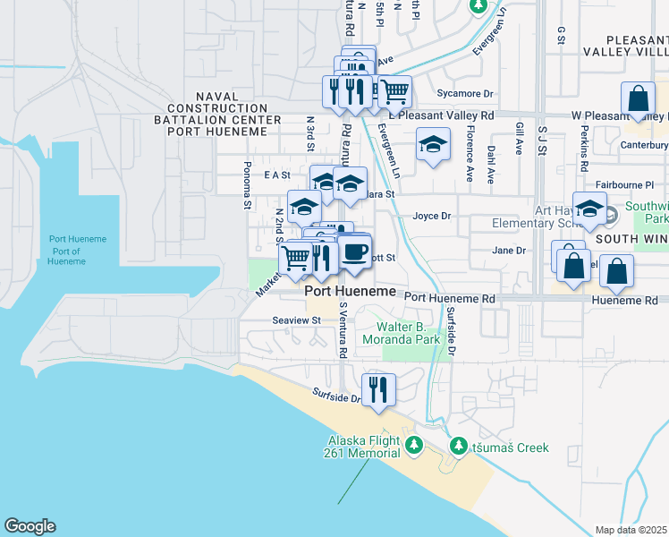 map of restaurants, bars, coffee shops, grocery stores, and more near 175 North Ventura Road in Port Hueneme