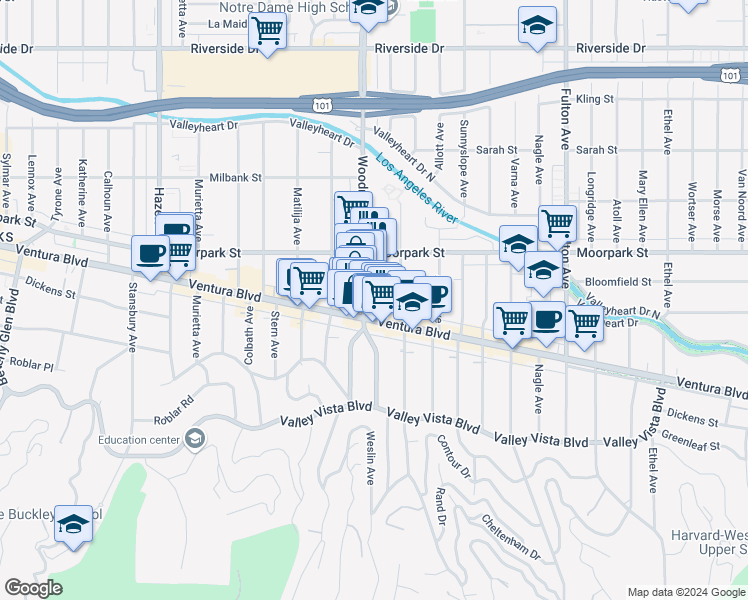 map of restaurants, bars, coffee shops, grocery stores, and more near 4330 Woodman Avenue in Los Angeles