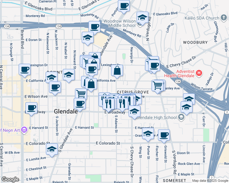 map of restaurants, bars, coffee shops, grocery stores, and more near 215 North Adams Street in Glendale