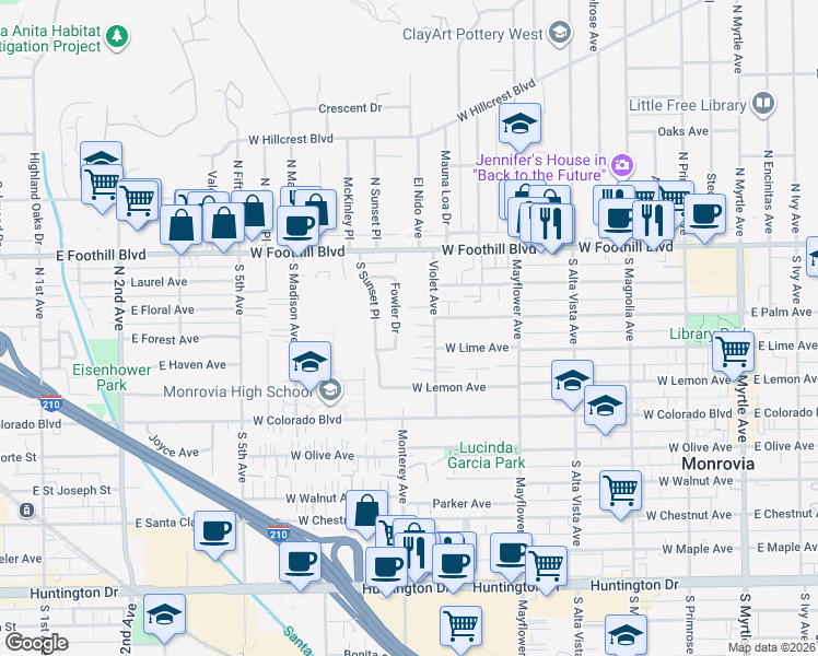 map of restaurants, bars, coffee shops, grocery stores, and more near 245 Violet Avenue in Monrovia