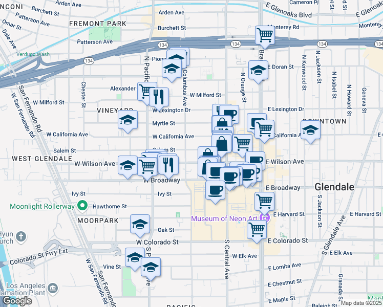 map of restaurants, bars, coffee shops, grocery stores, and more near 401 Salem Street in Glendale