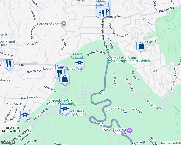 map of restaurants, bars, coffee shops, grocery stores, and more near 22241 Alizondo Drive in Los Angeles