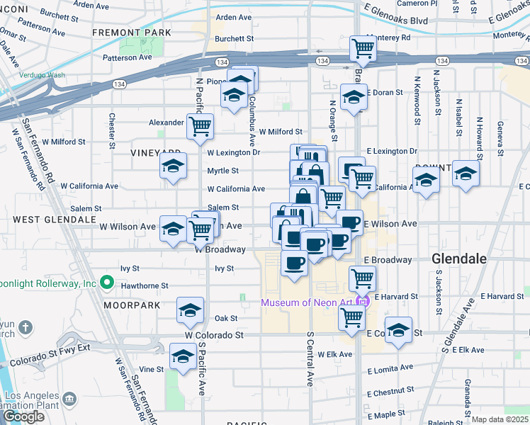 map of restaurants, bars, coffee shops, grocery stores, and more near 362 Salem Street in Glendale