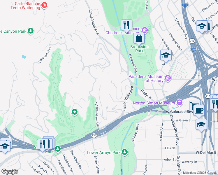 map of restaurants, bars, coffee shops, grocery stores, and more near 130 Fern Drive in Pasadena