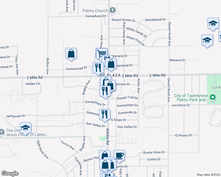 map of restaurants, bars, coffee shops, grocery stores, and more near 5777 Adobe Road in Twentynine Palms