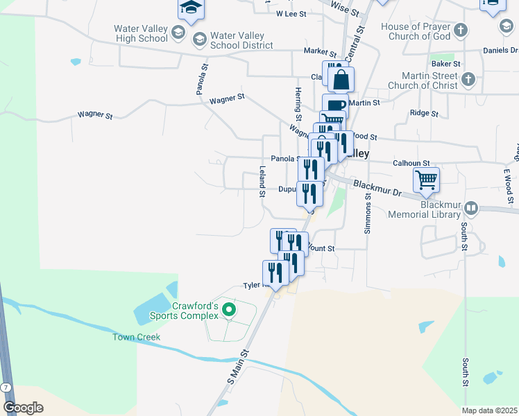 map of restaurants, bars, coffee shops, grocery stores, and more near 101-107 Sissell Street in Water Valley