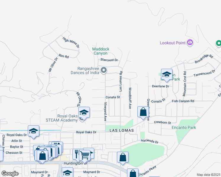 map of restaurants, bars, coffee shops, grocery stores, and more near 2606 Markwood Street in Duarte