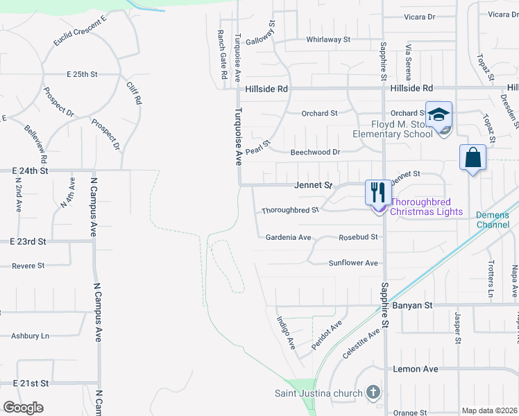 map of restaurants, bars, coffee shops, grocery stores, and more near 7954 Thoroughbred Street in Rancho Cucamonga