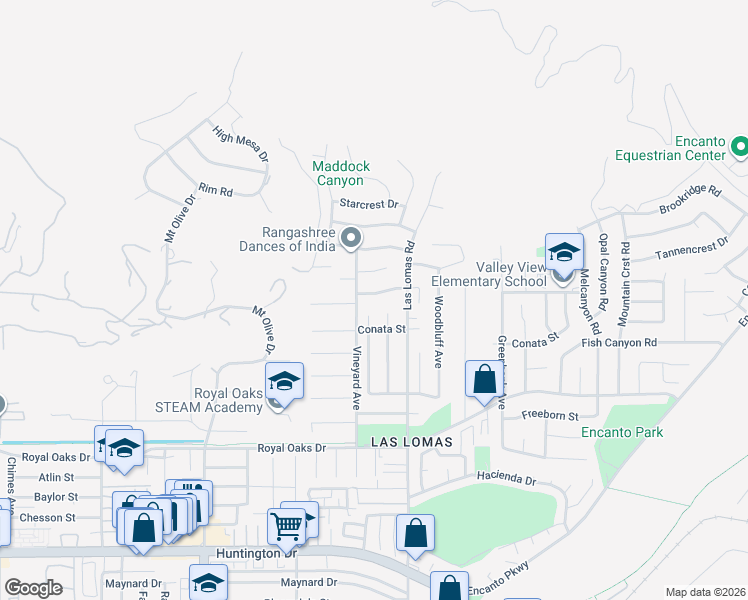map of restaurants, bars, coffee shops, grocery stores, and more near 2606 Markwood Street in Duarte