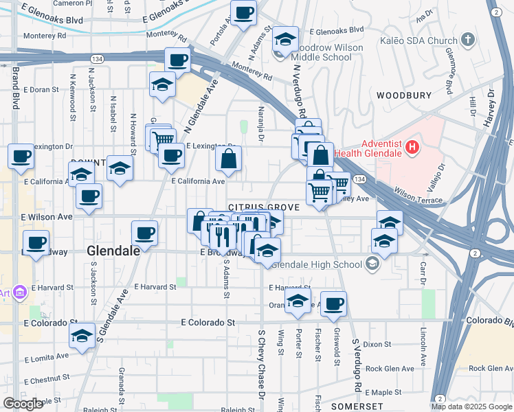 map of restaurants, bars, coffee shops, grocery stores, and more near 1142 Stanley Avenue in Glendale