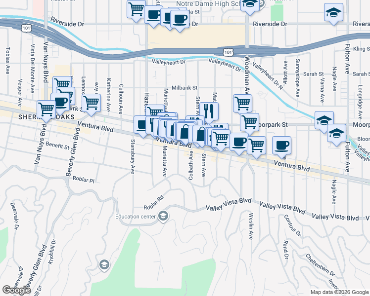 map of restaurants, bars, coffee shops, grocery stores, and more near 4206 Costello Avenue in Los Angeles