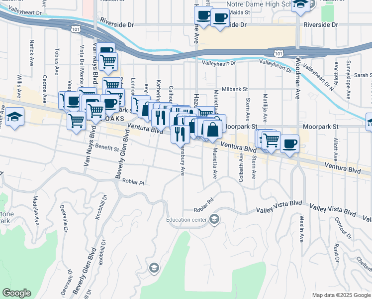 map of restaurants, bars, coffee shops, grocery stores, and more near 4242 Stansbury Avenue in Los Angeles
