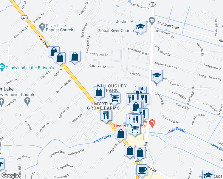 map of restaurants, bars, coffee shops, grocery stores, and more near 1539 Honeybee Lane in Wilmington