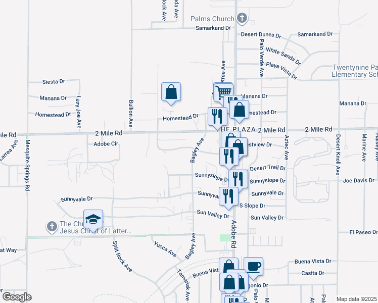map of restaurants, bars, coffee shops, grocery stores, and more near 5778 Bagley Avenue in Twentynine Palms