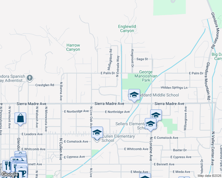 map of restaurants, bars, coffee shops, grocery stores, and more near 827 Prima Vera Road in Glendora