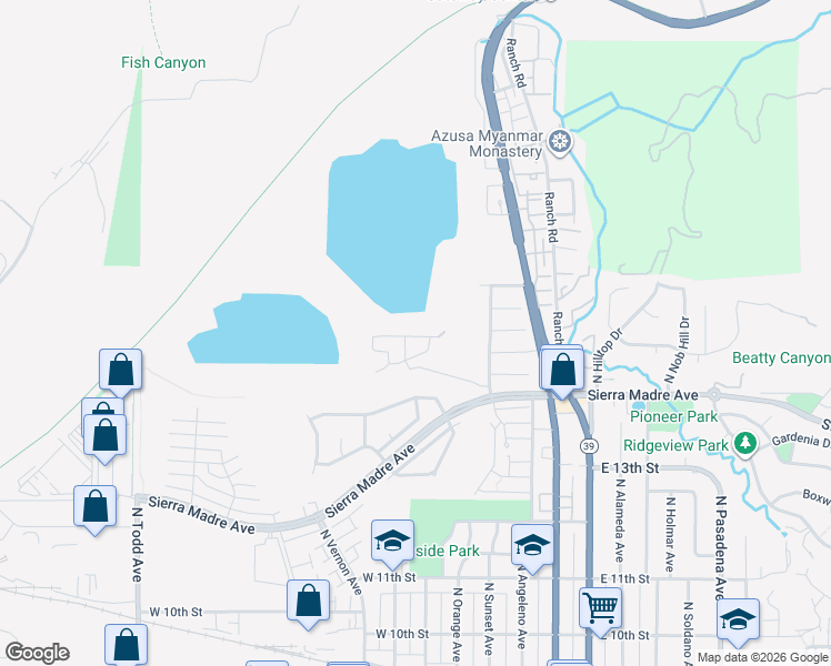 map of restaurants, bars, coffee shops, grocery stores, and more near 505 Timberline Drive in Azusa