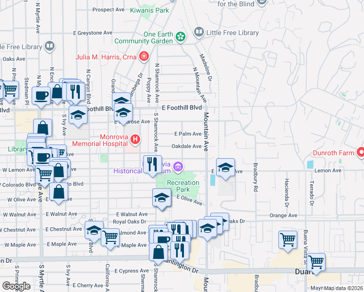 map of restaurants, bars, coffee shops, grocery stores, and more near 801 Oakdale Avenue in Monrovia