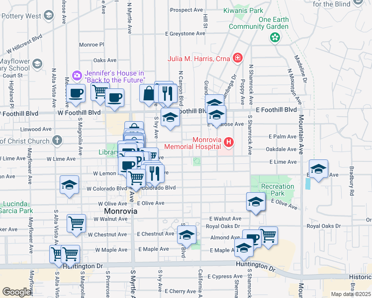 map of restaurants, bars, coffee shops, grocery stores, and more near 316 East Palm Avenue in Monrovia