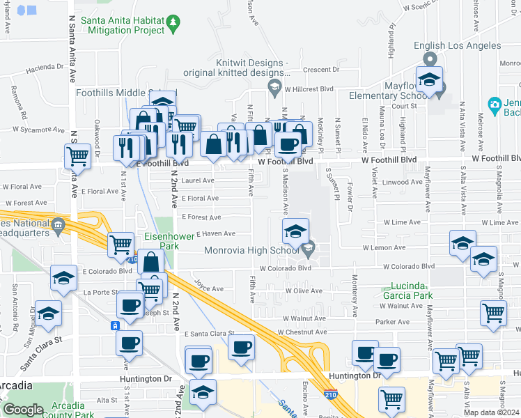 map of restaurants, bars, coffee shops, grocery stores, and more near 222 Fifth Avenue in Monrovia
