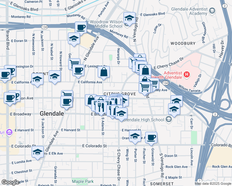 map of restaurants, bars, coffee shops, grocery stores, and more near 1126 Stanley Avenue in Glendale