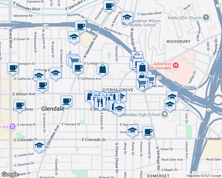 map of restaurants, bars, coffee shops, grocery stores, and more near 1126 Stanley Avenue in Glendale