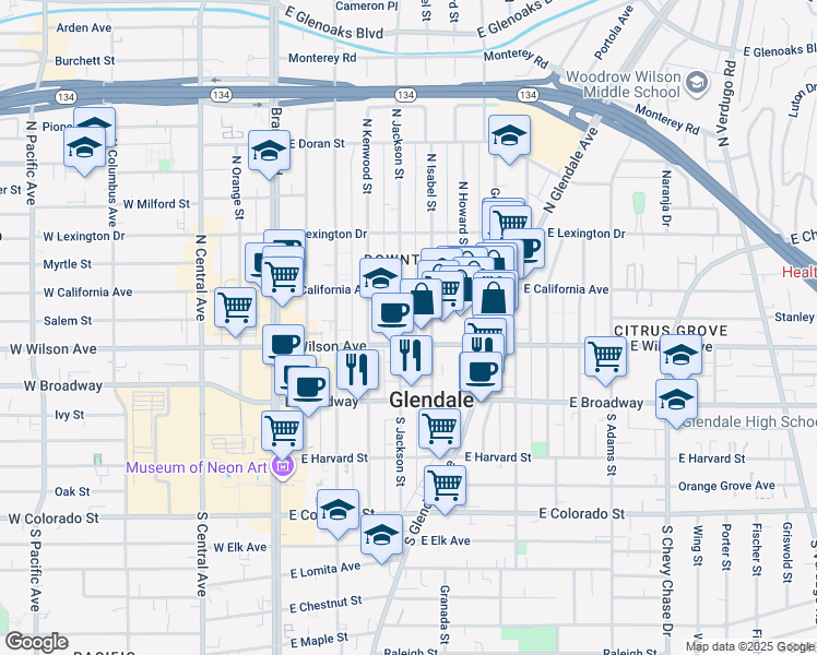 map of restaurants, bars, coffee shops, grocery stores, and more near 225 North Isabel Street in Glendale