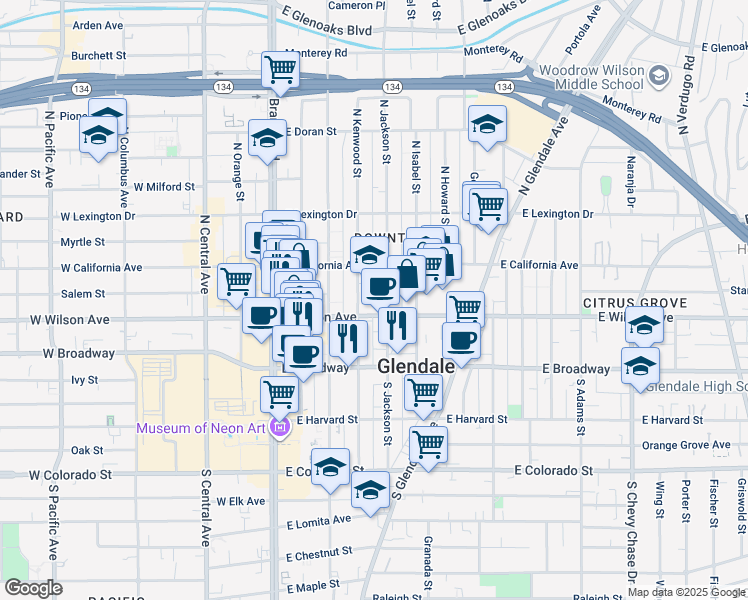 map of restaurants, bars, coffee shops, grocery stores, and more near 220 North Kenwood Street in Glendale