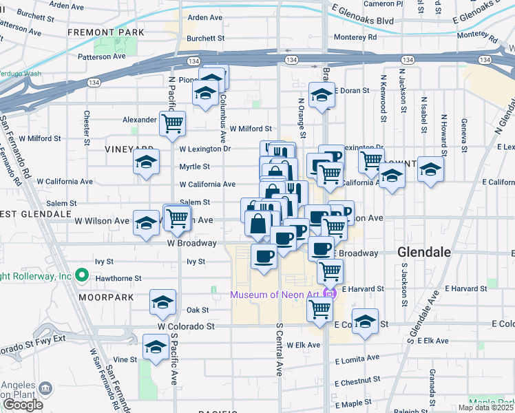 map of restaurants, bars, coffee shops, grocery stores, and more near 345 Salem Street in Glendale