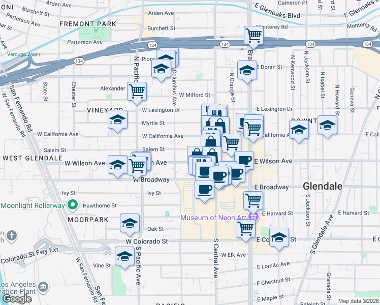 map of restaurants, bars, coffee shops, grocery stores, and more near 345 Salem Street in Glendale