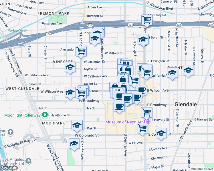 map of restaurants, bars, coffee shops, grocery stores, and more near 345 Salem Street in Glendale