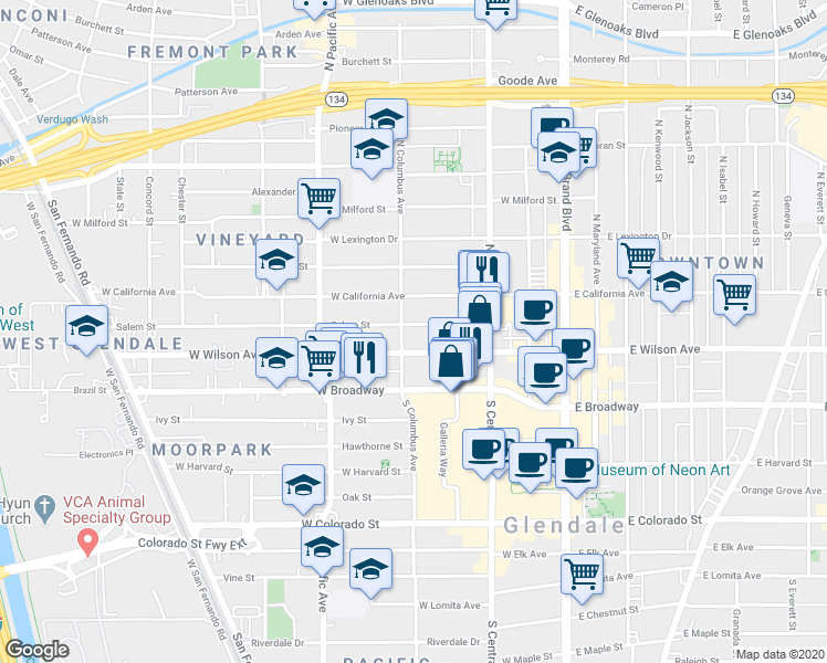 map of restaurants, bars, coffee shops, grocery stores, and more near 401 Salem Street in Glendale