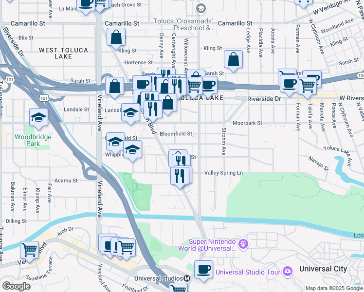 map of restaurants, bars, coffee shops, grocery stores, and more near 10657 Woodbridge Street in Los Angeles