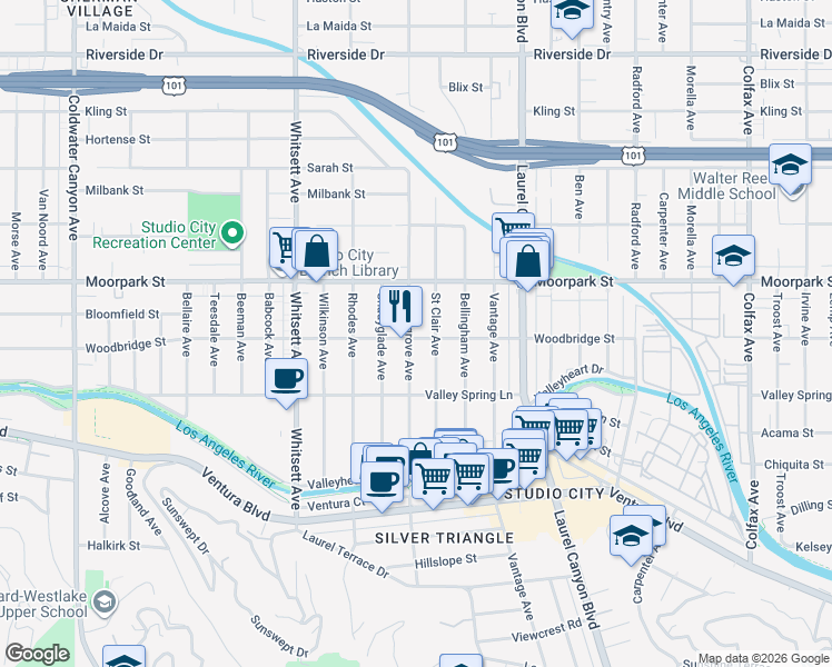 map of restaurants, bars, coffee shops, grocery stores, and more near 4319 Laurelgrove Avenue in Los Angeles
