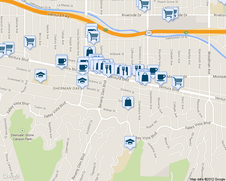 map of restaurants, bars, coffee shops, grocery stores, and more near 14275 Dickens Street in Los Angeles