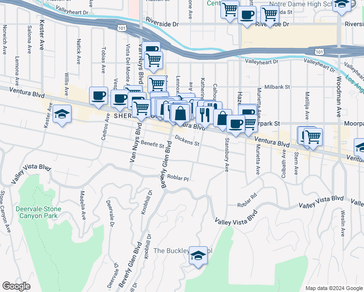 map of restaurants, bars, coffee shops, grocery stores, and more near 14275 Dickens Street in Los Angeles