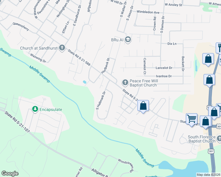 map of restaurants, bars, coffee shops, grocery stores, and more near 2471 South Hallmark Drive in Florence