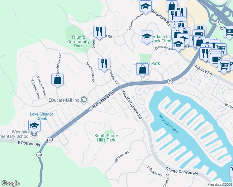 map of restaurants, bars, coffee shops, grocery stores, and more near 2106 Portola Lane in Westlake Village