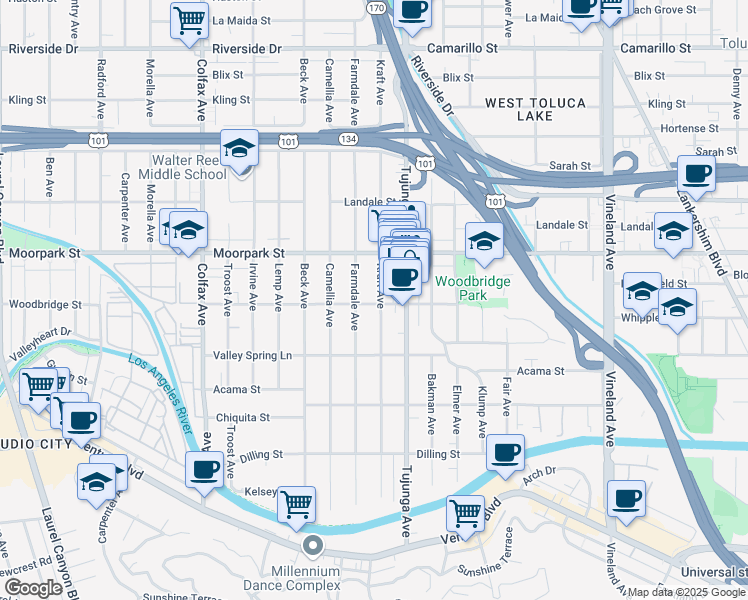 map of restaurants, bars, coffee shops, grocery stores, and more near 4345 Kraft Avenue in Los Angeles
